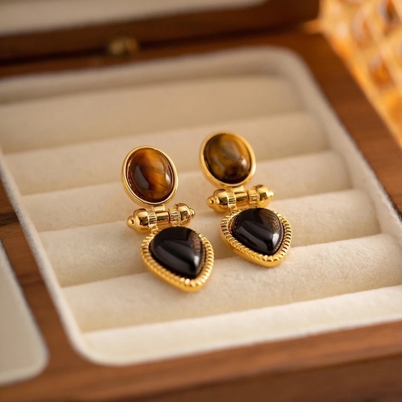 18K Gold Plated Natural Stone Tiger Eye Earrings - Picture 2 of 8